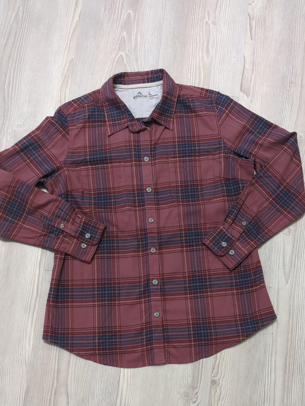 Ridgecut Toughwear Women's Large Burgundy Navy Plaid Flannel Shirt Fall Hiking